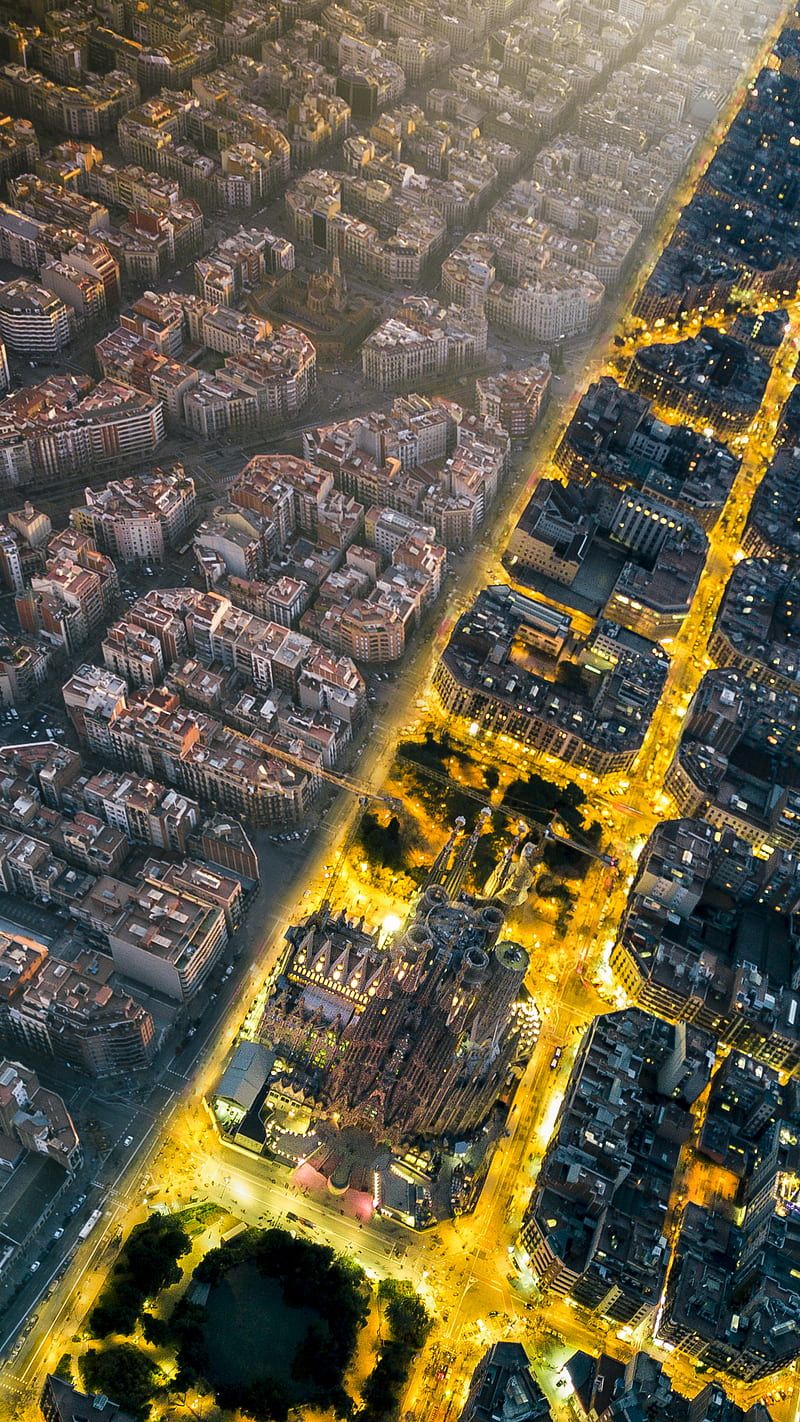 Barcelona, Eixample, Luftaufnahme, Nacht, Straßenraster, Lichter, HD, Handy-Hintergrundbild