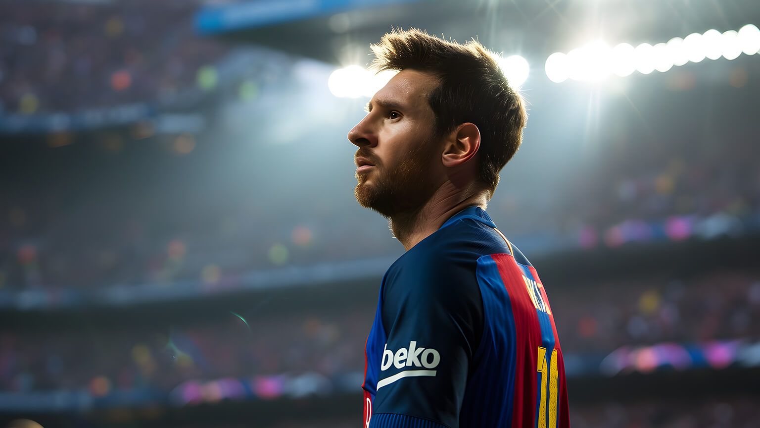 Lionel Messi, FC Barcelona, Stadion, Flutlicht, Profil, Trikot, HD, Breitbild-Hintergrundbild