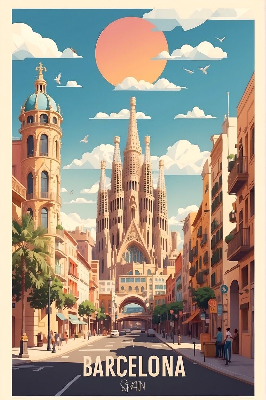 Barcelona, Sagrada Família, Reiseposter, Illustration, Retro, Sonne, Hintergrundbild fürs Handy