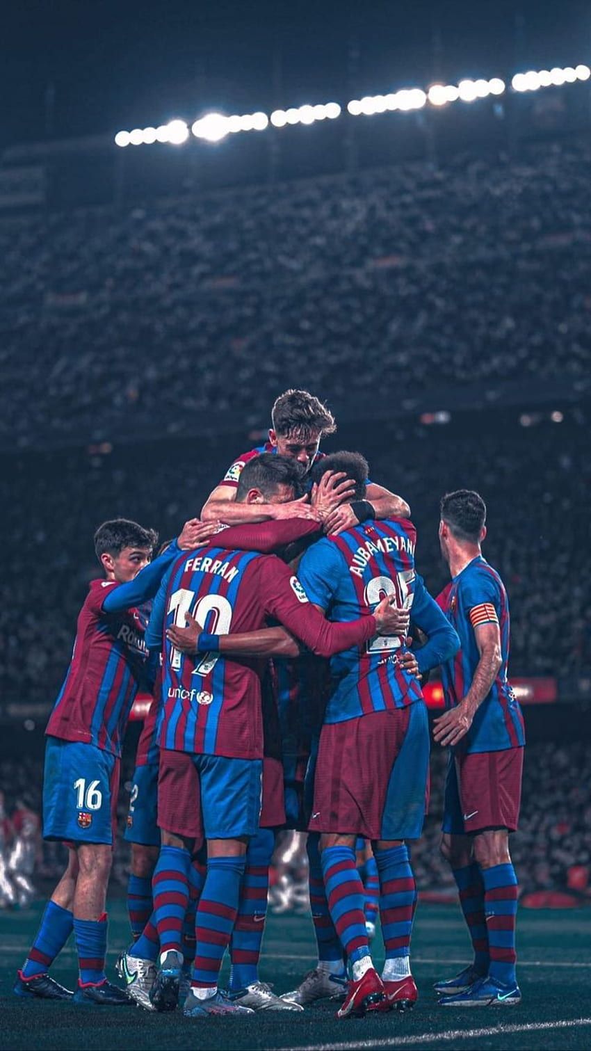 FC Barcelona, Mannschaft, Torjubel, Flutlicht, Nacht, HD, Hintergrundbild fürs Handy