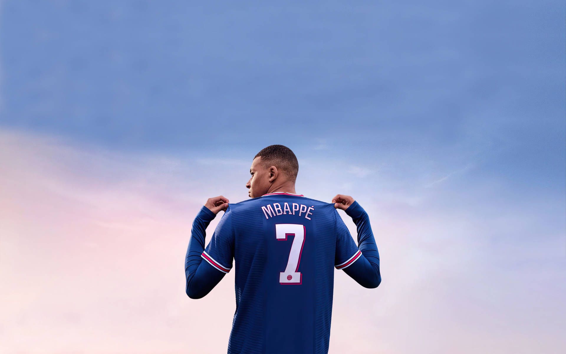 Kylian Mbappé, Paris Saint-Germain, Trikot Nr. 7, Rückenansicht, Himmel, Pastellfarben, Full-HD-Hintergrundbild