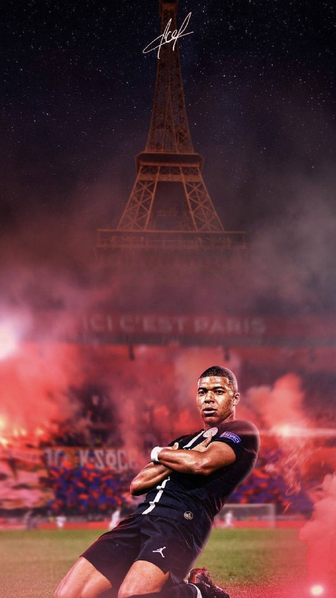 Kylian Mbappé, Paris Saint-Germain, Eiffelturm, Paris, Pyrotechnik, Rot, Full HD, Handy-Hintergrundbild