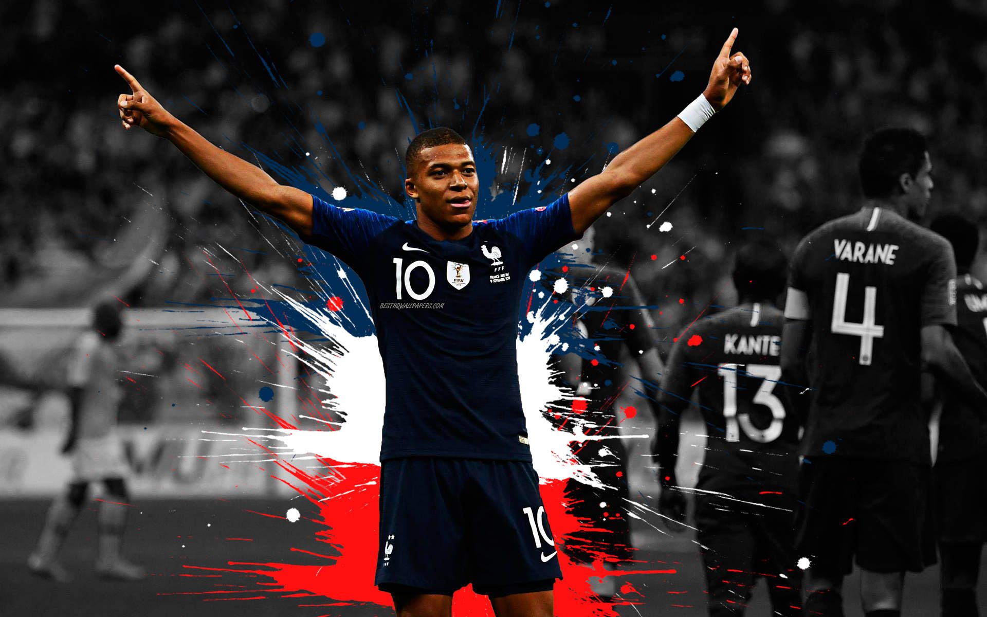 Kylian Mbappé, Französische Nationalmannschaft, Raphaël Varane, N'Golo Kanté, Jubel, Trikolore, Full-HD-Hintergrundbild