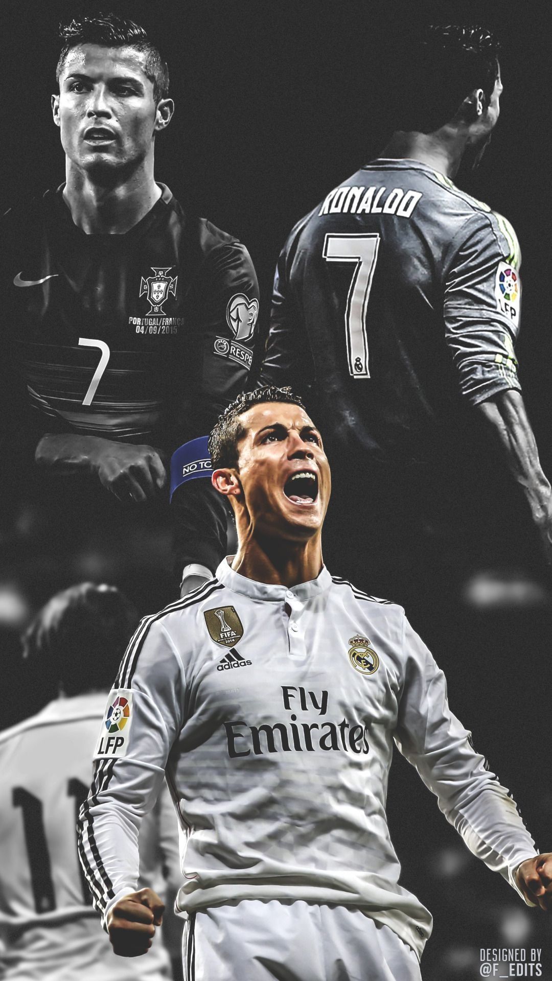 Cristiano Ronaldo, Real Madrid, Torjubel, Collage, Schwarzweiß, Android-Hintergrundbild