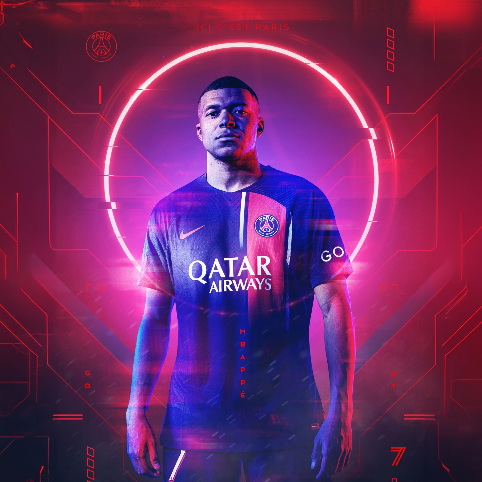 Kylian Mbappé, Paris Saint-Germain, Neonring, Qatar Airways, Pink, Hintergrundbild fürs iPad
