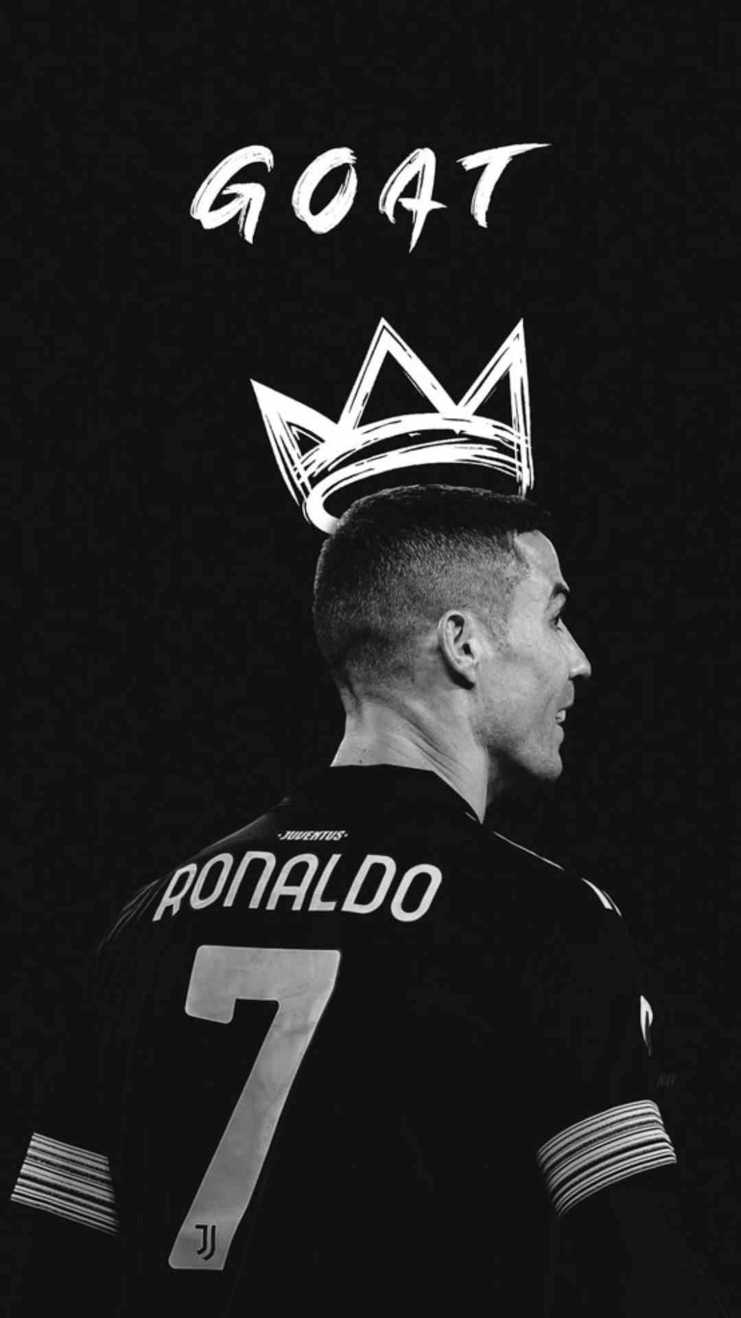 Cristiano Ronaldo, GOAT, Krone, Rückennummer 7, Schwarzweiß, 1080x1920, Handy-Hintergrund