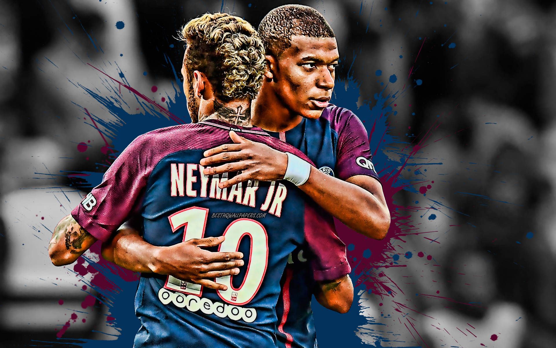 Kylian Mbappé, Neymar, Paris Saint-Germain, Umarmung, Fan-Art, Schwarz-Weiß, Full-HD-Hintergrund