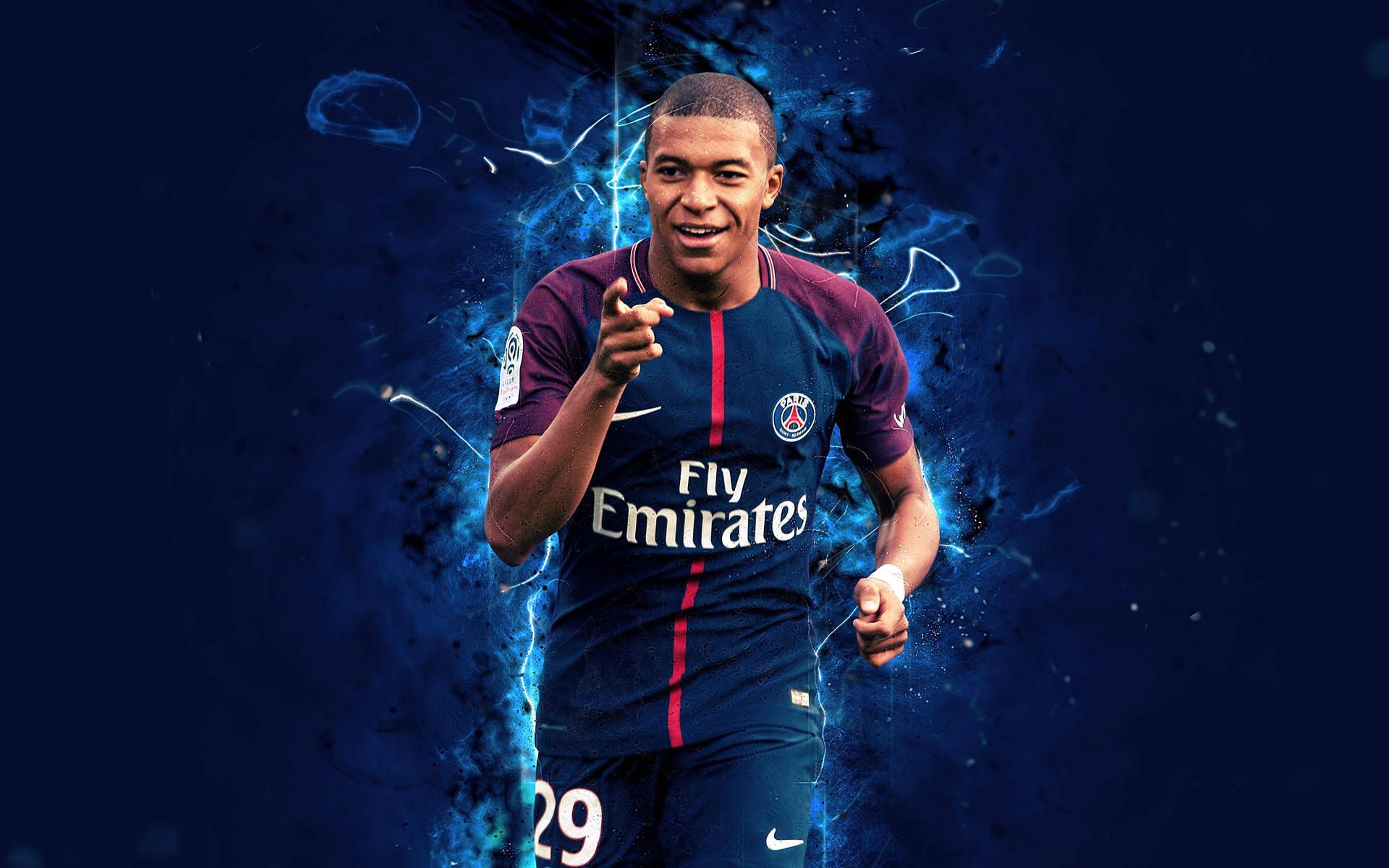 Kylian Mbappé, Paris Saint-Germain, Digitale Kunst, Blaues Leuchten, Fußballer, Full-HD-Hintergrundbild