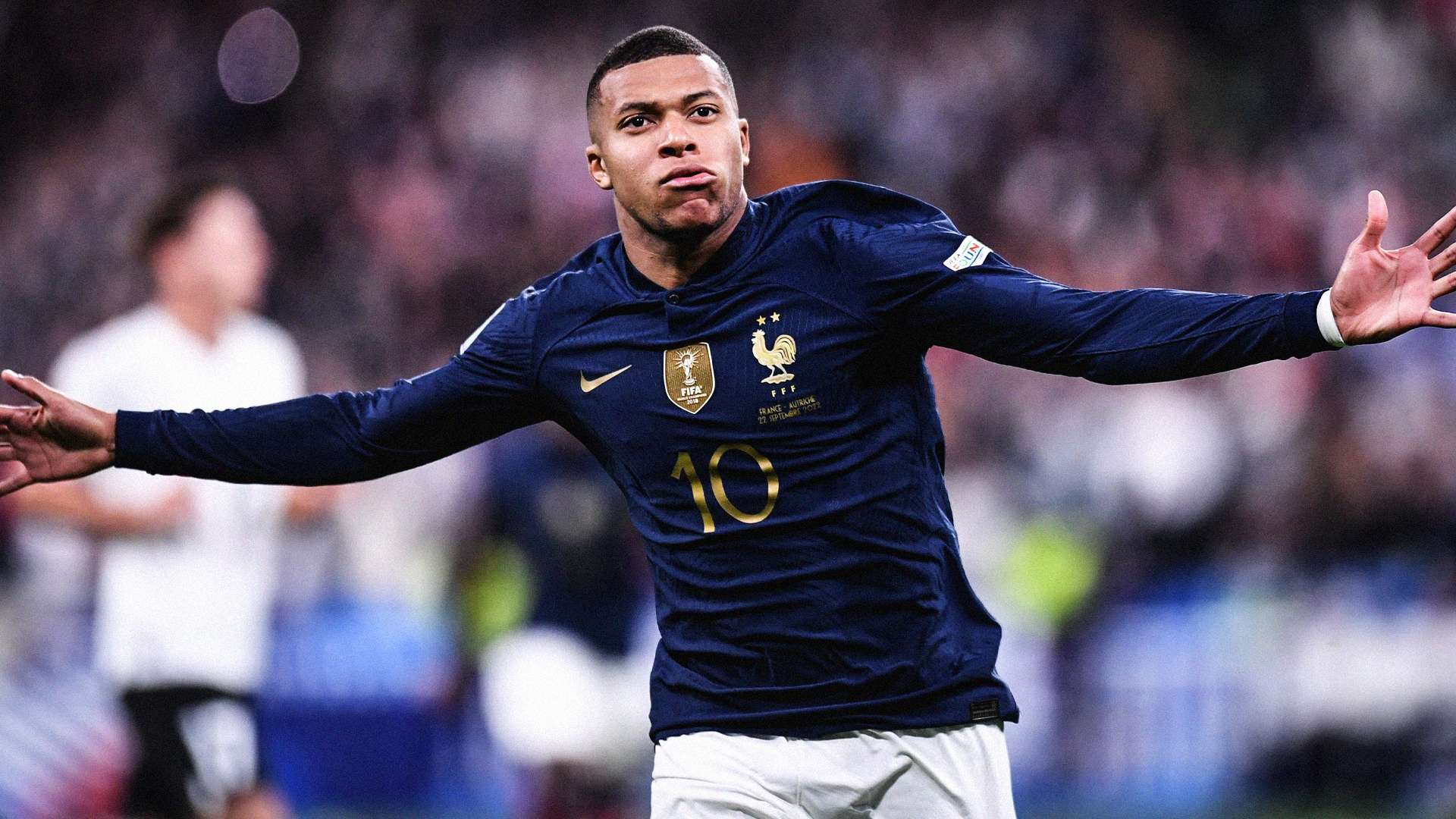 Kylian Mbappé, Französische Nationalmannschaft, Torjubel, Nummer 10, Stadion, 1080p-Hintergrundbild