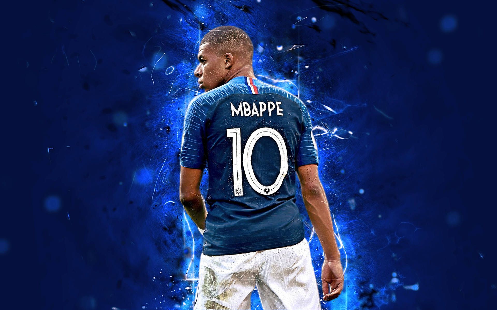 Kylian Mbappé, Französische Nationalmannschaft, Nummer 10, Rückenansicht, Blaues Leuchten, Full-HD-Hintergrundbild