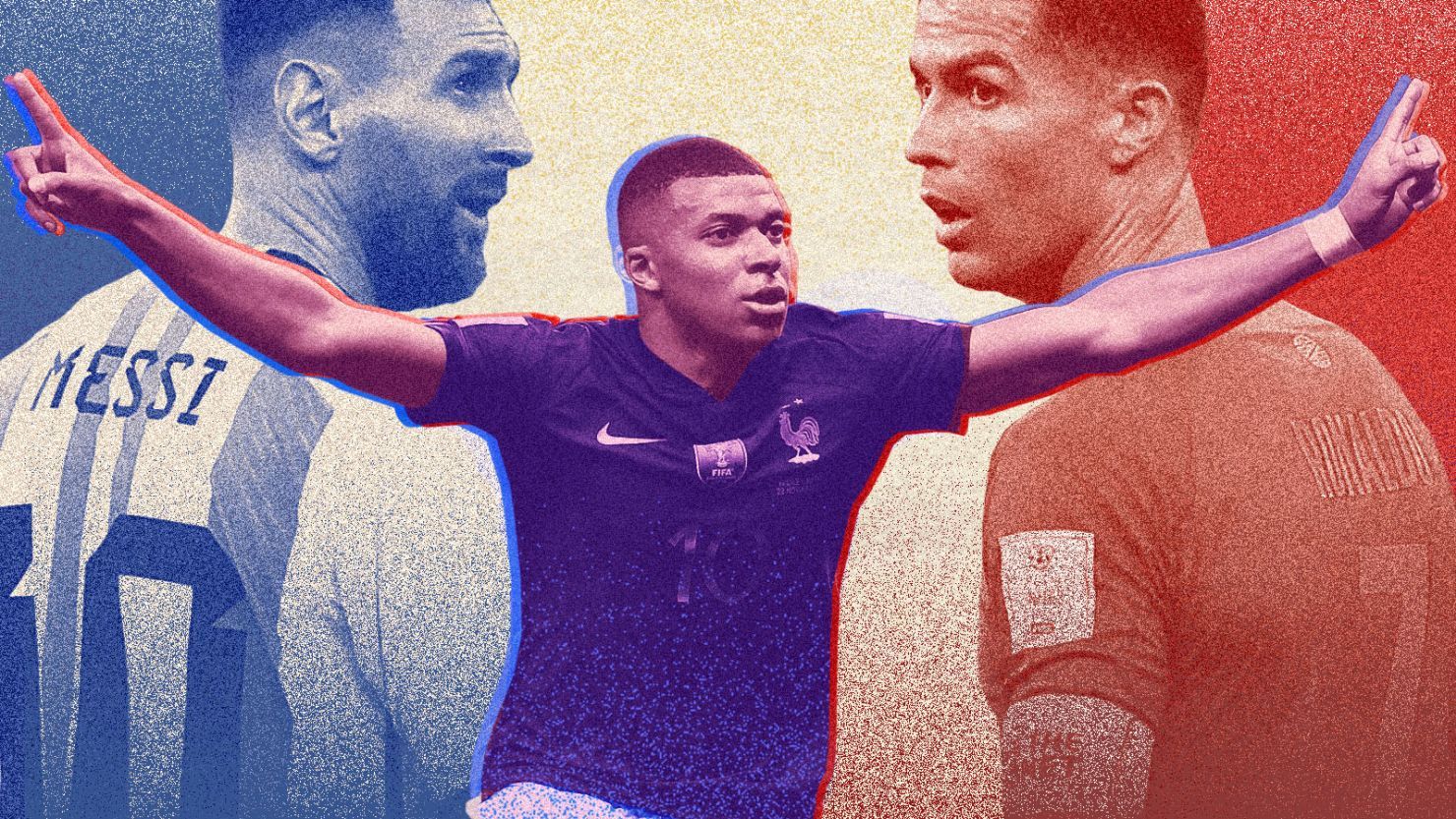 Kylian Mbappé, Lionel Messi, Cristiano Ronaldo, Fan-Art, Fußballstars, Rot-Blau, HD-Desktop-Hintergrund