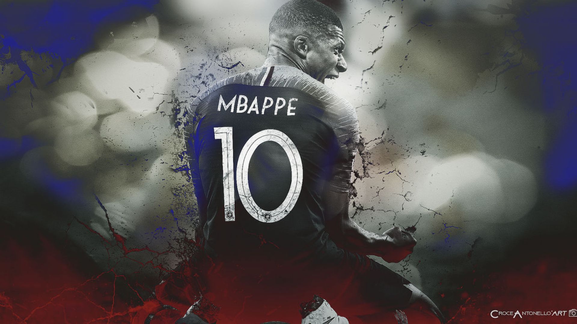 Kylian Mbappé, Französische Nationalmannschaft, Nummer 10, Rückenansicht, Rauch, Digitale Kunst, 1080p Wallpaper