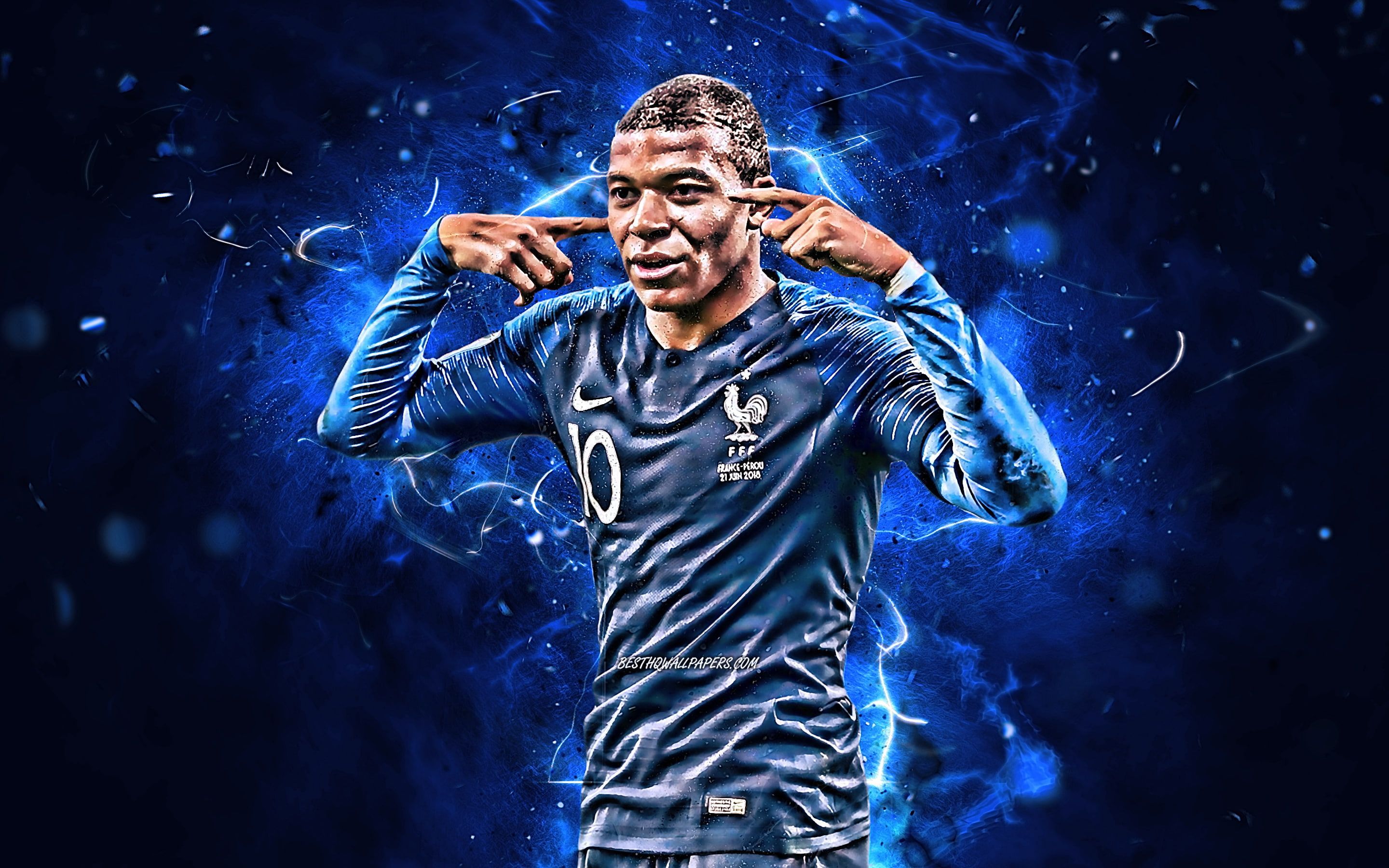 Kylian Mbappé, Französische Nationalmannschaft, Torjubel, Blaues Leuchten, Digitale Kunst, 2K-Hintergrundbild