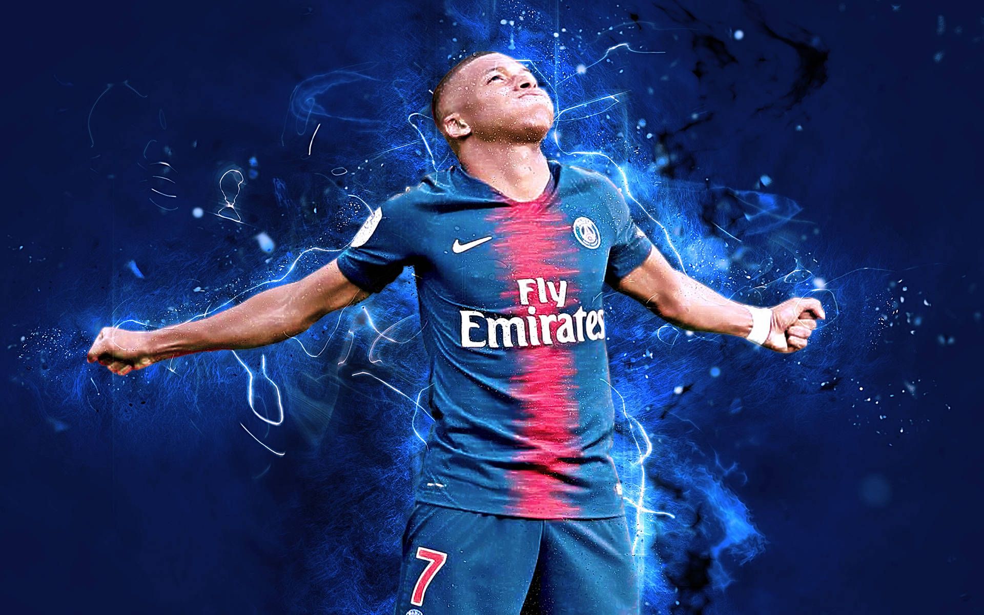 Kylian Mbappé, Paris Saint-Germain, Torjubel, Fly Emirates, Neonlinien, Full HD, MacBook-Hintergrundbild