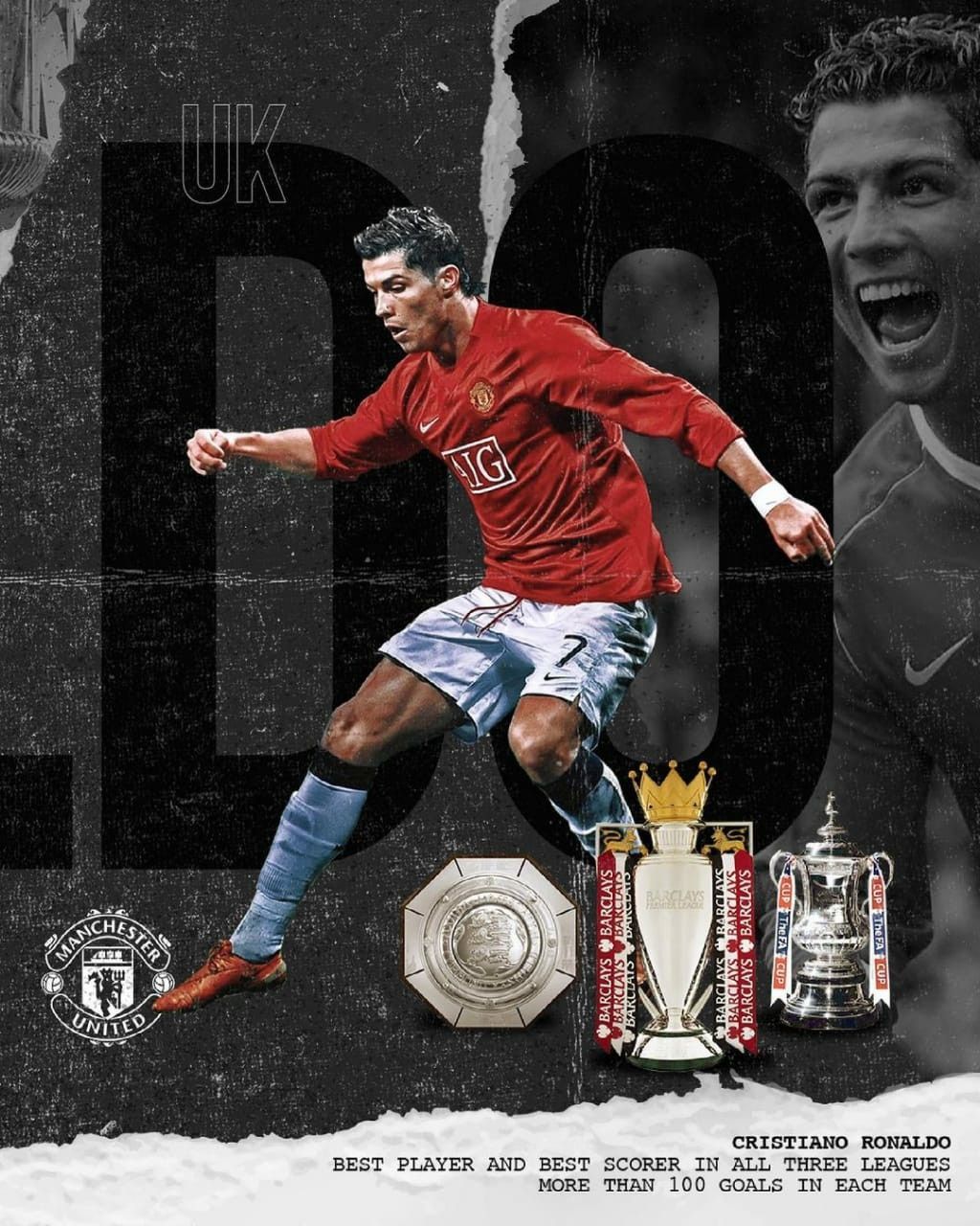 Cristiano Ronaldo, Manchester United, Pokale, Poster, Schwarzweiß-Rot, HD, iPad-Hintergrundbild