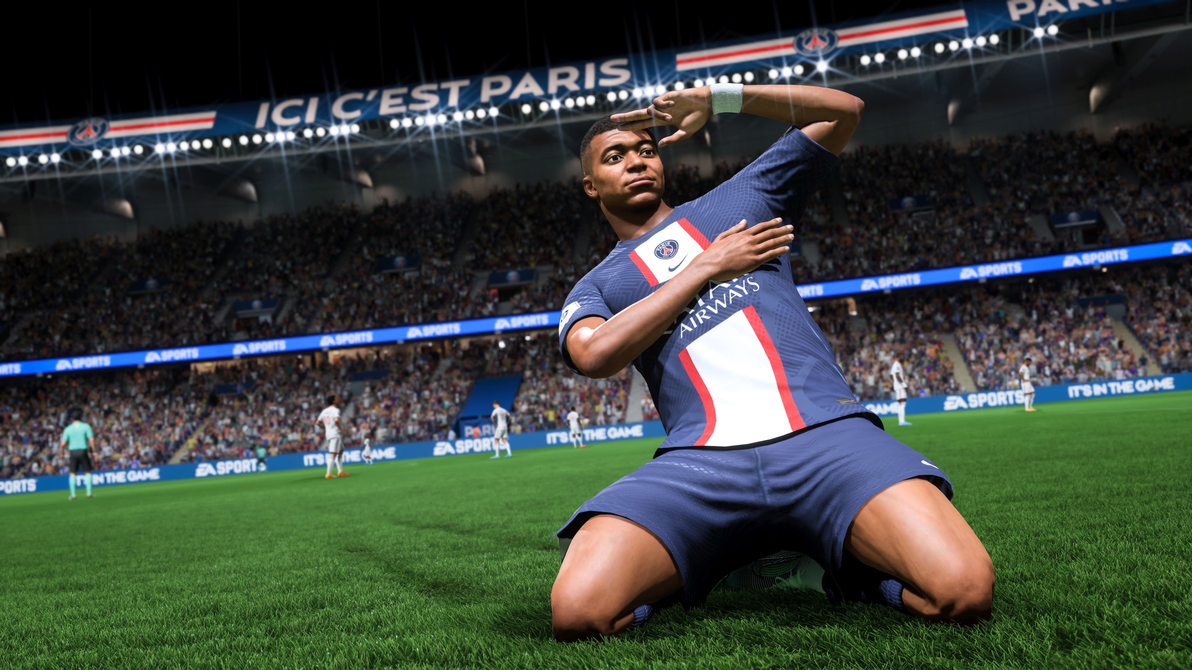 Kylian Mbappé, FIFA 23, Paris Saint-Germain, Ici c'est Paris, Stadion, Kniejubel, Ultra-HD-Hintergrundbild