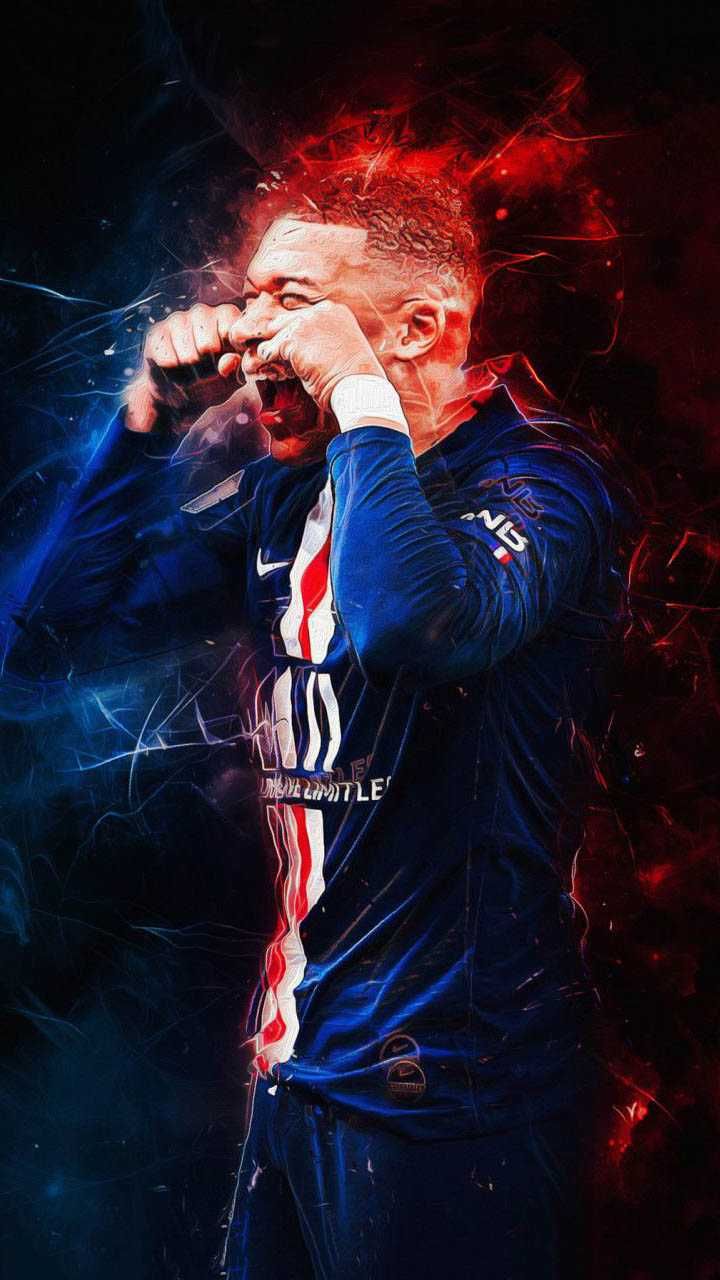 Kylian Mbappé, Paris Saint-Germain, Rot-Blau, Digitale Kunst, Dunkel, Hintergrundbild fürs Handy