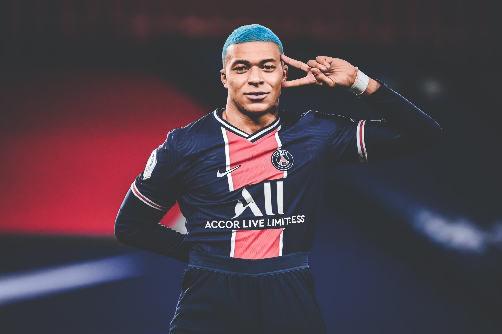 Kylian Mbappé, Paris Saint-Germain, Blaue Haare, Torjubel, Stadion, Full HD, Windows-Hintergrundbild