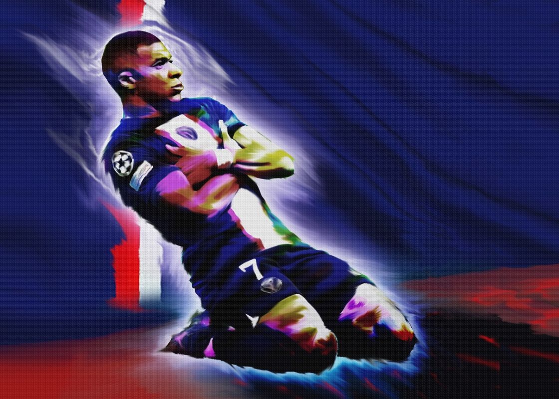 Kylian Mbappé, Paris Saint-Germain, Kniejubel, Digitale Kunst, Blau, Hintergrundbild