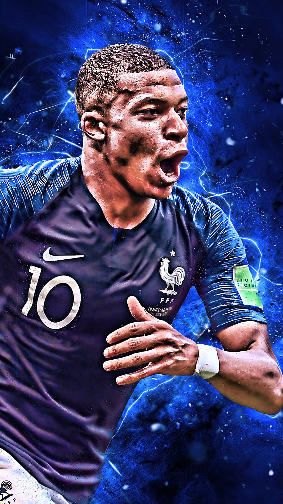 Kylian Mbappé, Französische Nationalmannschaft, Nummer 10, Jubelschrei, Blaues Leuchten, iPhone-Hintergrundbild