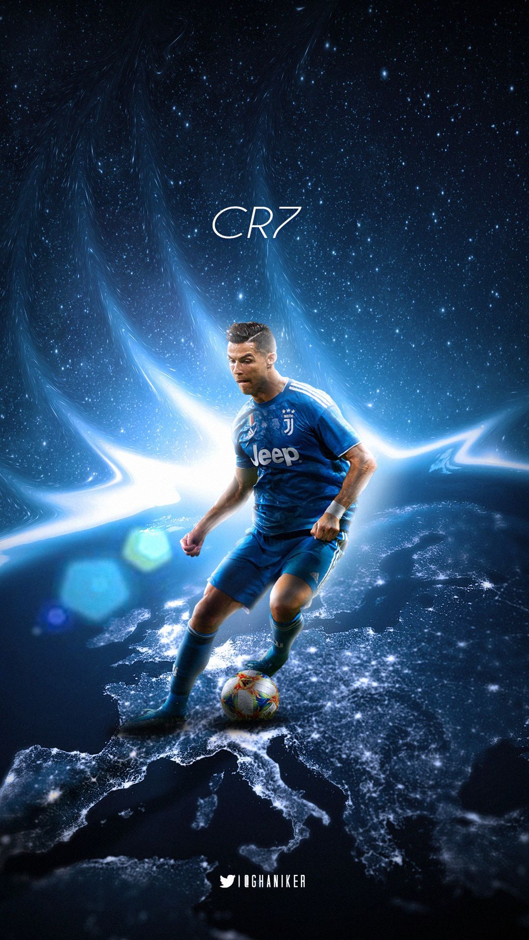 Cristiano Ronaldo, CR7, Digitale Kunst, Blaue Töne, Lichtstrahlen, Full HD, Handy-Hintergrund