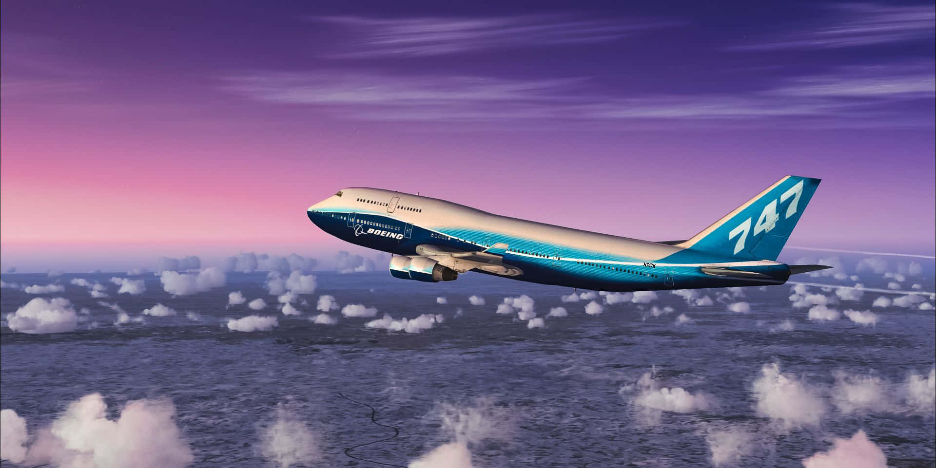 Boeing 747-8, Boeing-Lackierung, Über den Wolken, Lila Himmel, Jumbo-Jet, Full HD, Laptop-Hintergrundbild