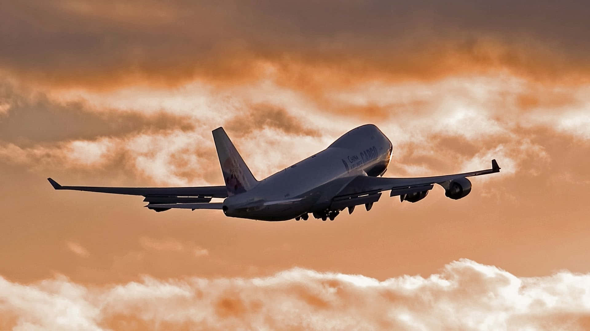 Boeing 747, Start, Oranger Himmel, Wolken, Silhouette, Full HD, Desktop-Hintergrund für Windows