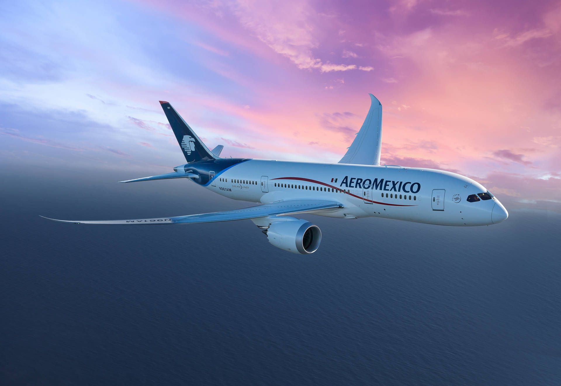 Boeing 787 Dreamliner, Aeroméxico, Lila Himmel, Über den Wolken, Flug, Full HD, Windows-Hintergrundbild