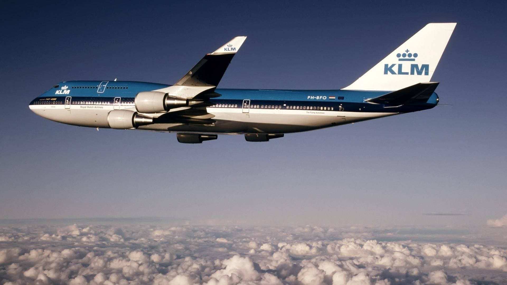 Boeing 747-400, KLM, Über den Wolken, Jumbo-Jet, Blau, 16:9, Full-HD-Hintergrundbild für den Desktop