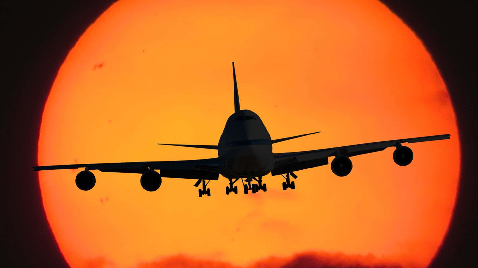 Boeing 747, Silhouette, Sonne, Oranger Himmel, Landeanflug, 1920x1080, PC-Hintergrundbild