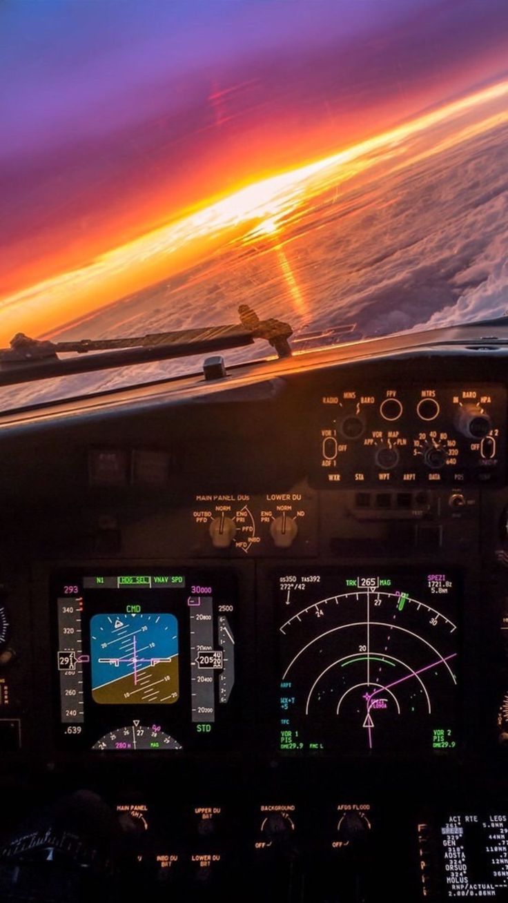 Cockpit, Sonnenuntergang, Instrumente, Pilotensicht, Flug, HD, iPhone-Hintergrundbild