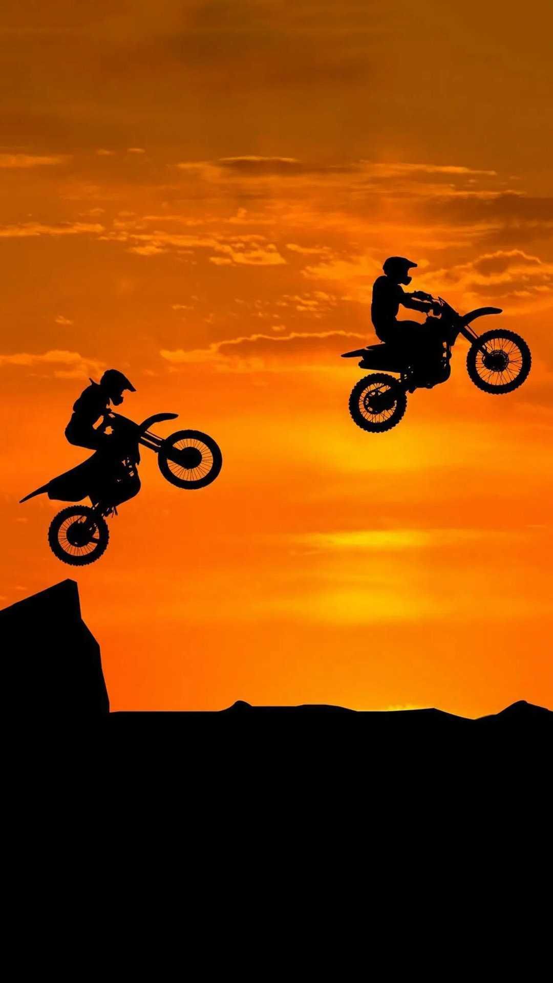 Motocross, Silhouetten, Sprung, Sonnenuntergang, Orangefarbener Himmel, Full HD, iPhone-Hintergrundbild
