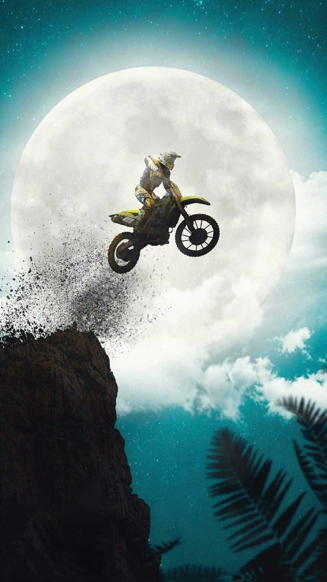 Motocross, Vollmond, Silhouette, Klippe, Nacht, Full HD, Hintergrundbild fürs Handy