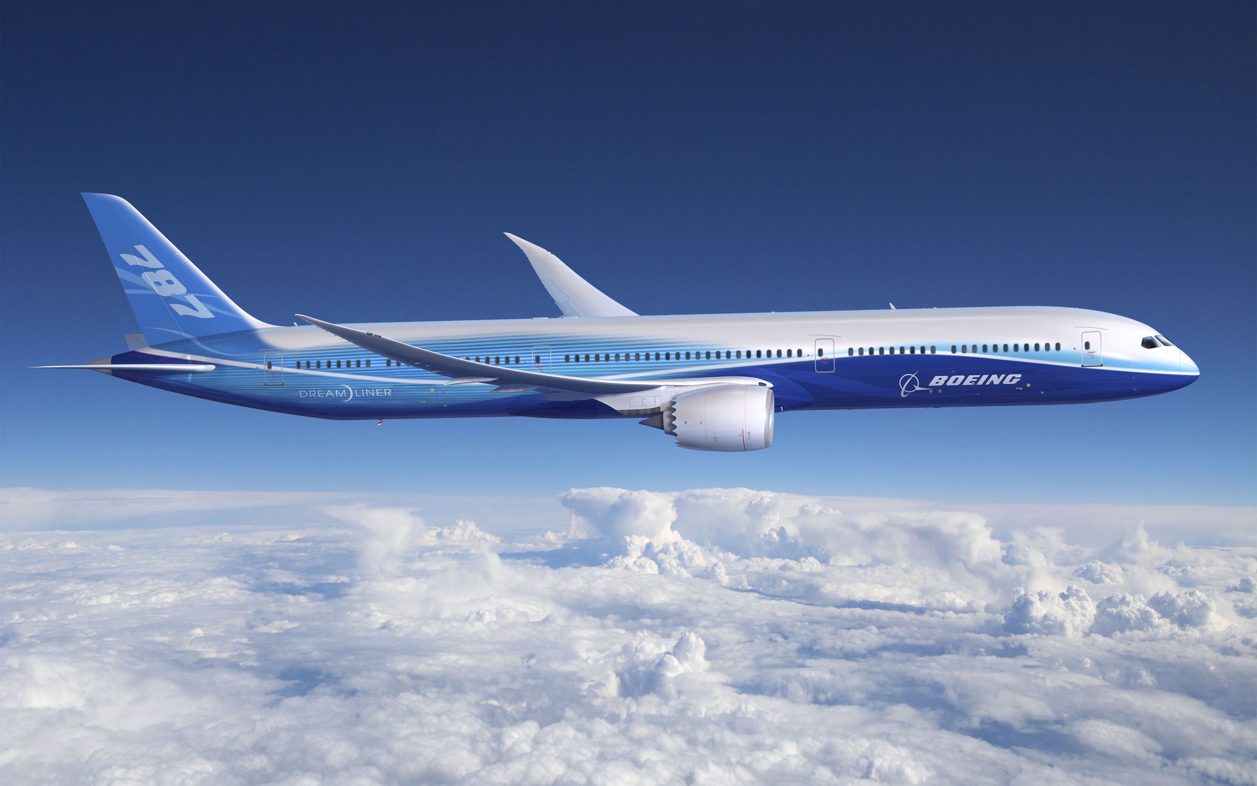 Boeing 787 Dreamliner, Boeing-Lackierung, Über den Wolken, Blauer Himmel, Flug, 2K-Desktop-Hintergrund