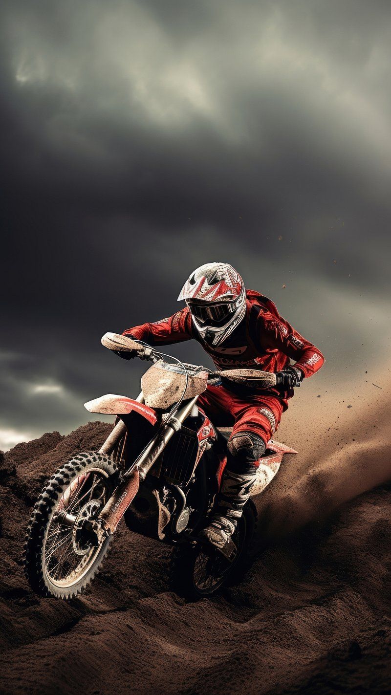 Motocross, Fahrer, Dunkle Wolken, Rotes Motorrad, Action, Sperrbildschirm fürs iPhone