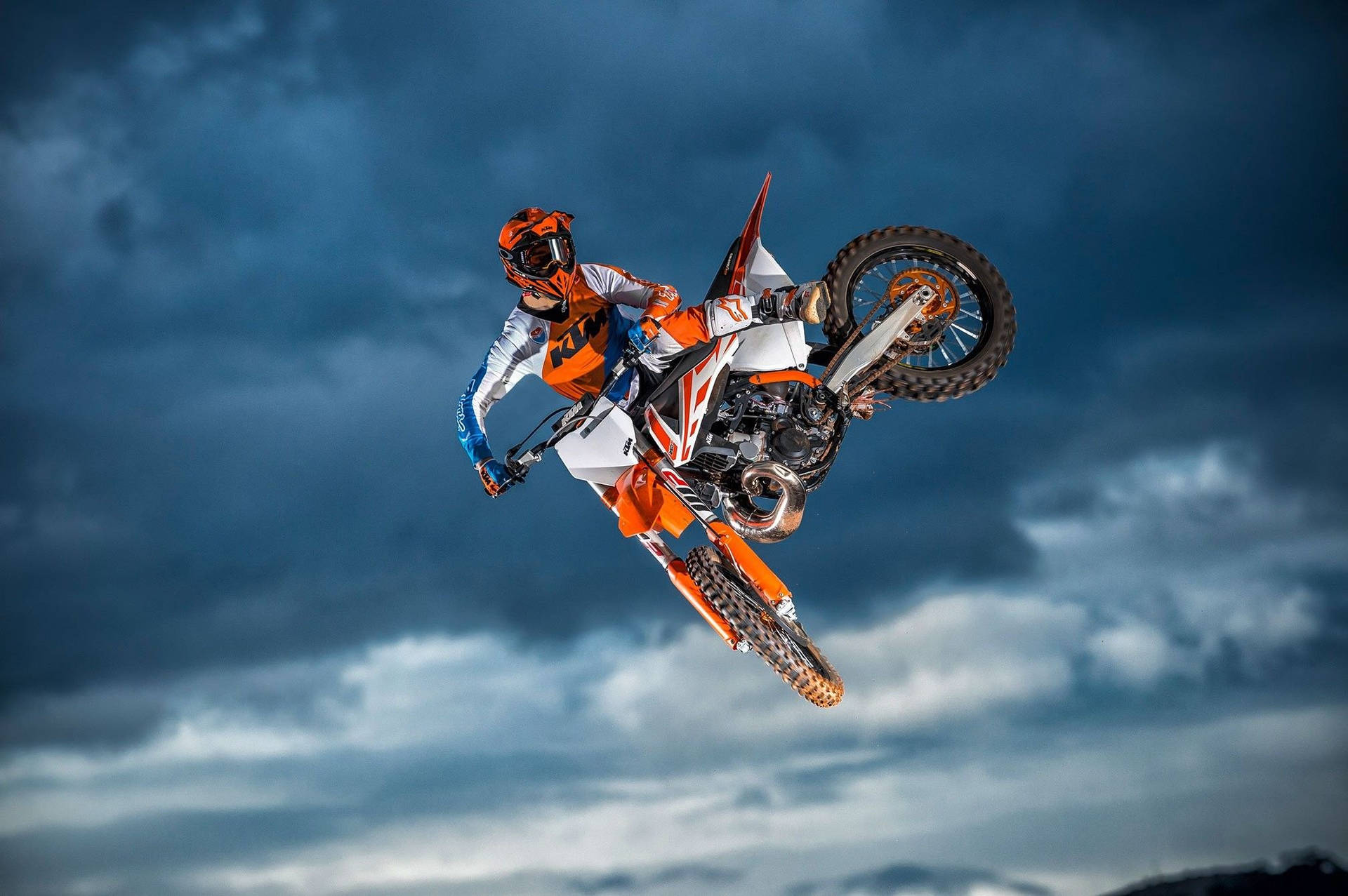 KTM, Motocross, Whip, Sprung, Dunkler Himmel, Full HD, Desktop-Hintergrund für Windows