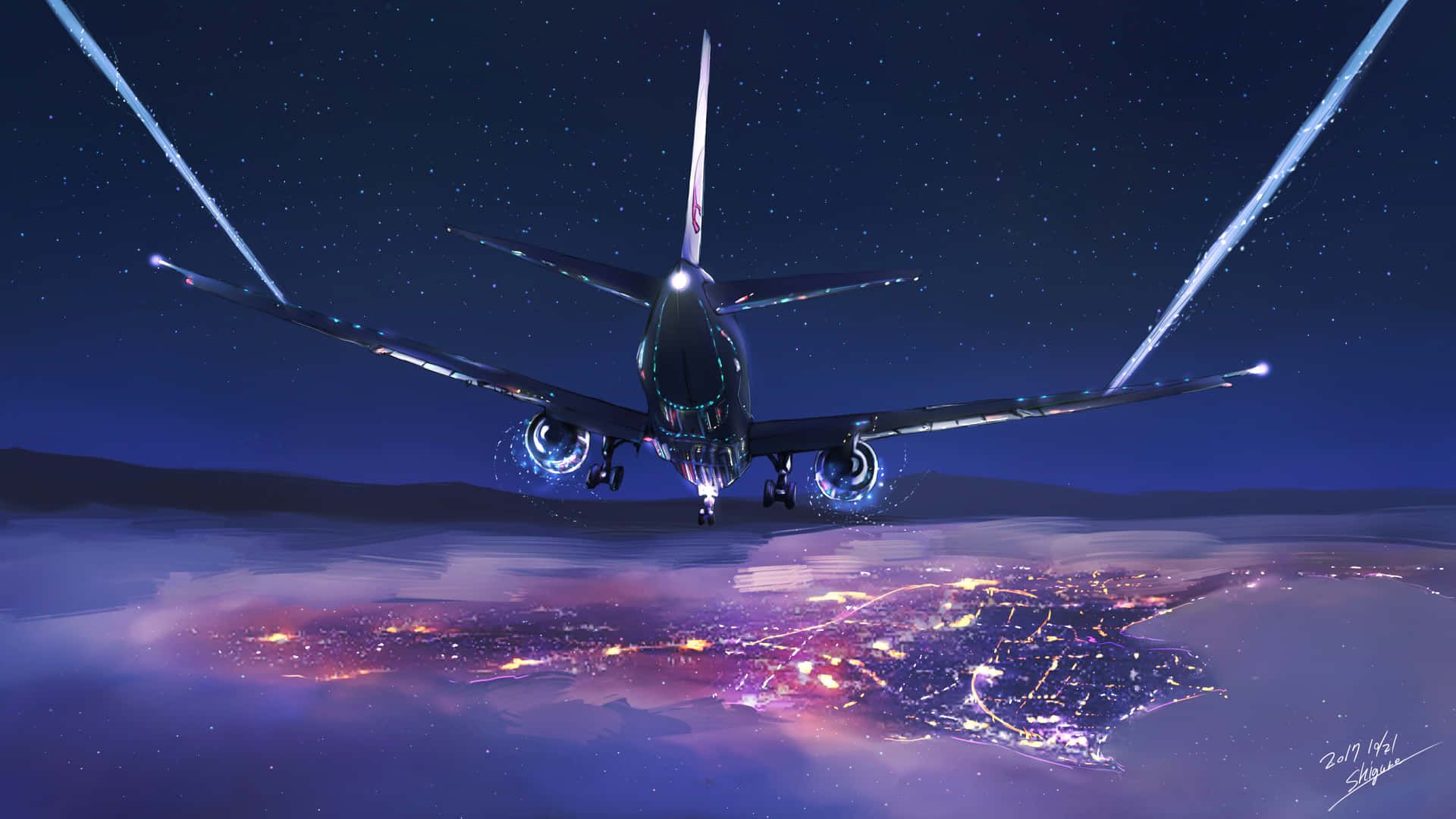 Boeing 777, Nachthimmel, Stadtlichter, Kondensstreifen, Digitale Kunst, Full HD, Breitbild-Hintergrundbild