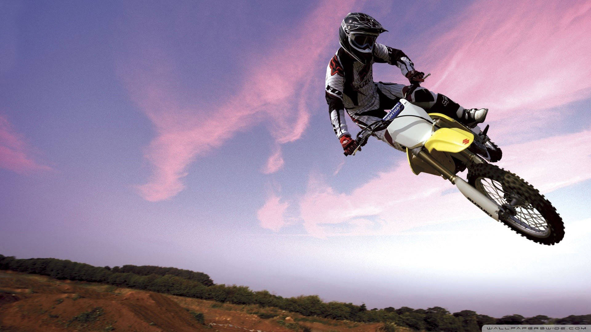 Motocross, Sprung, Rosa Himmel, Dämmerung, Fahrer, Full HD 1080p, Desktop-Hintergrundbild