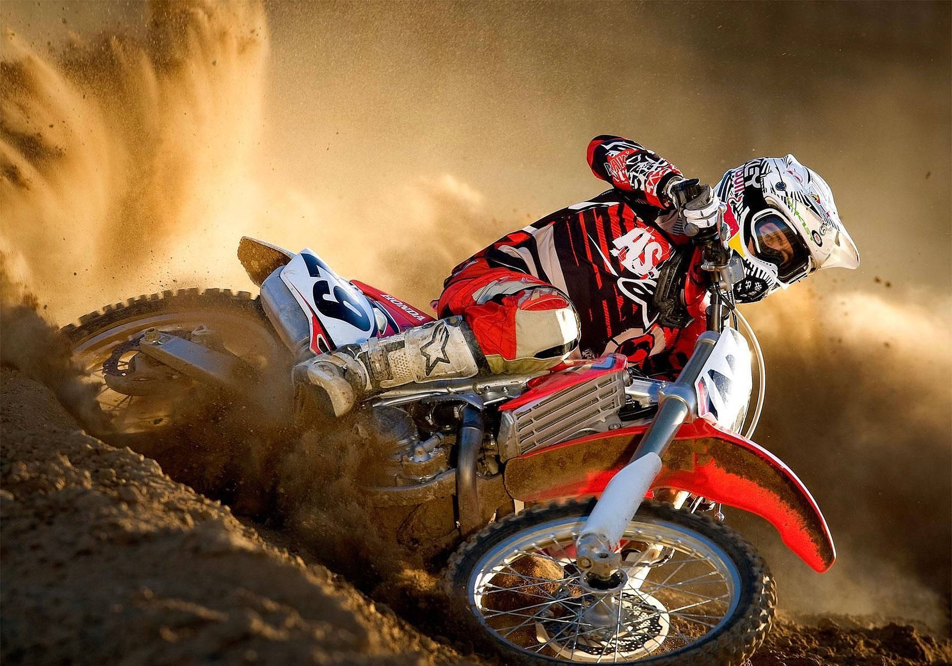 Honda, Motocross, Kurvenfahrt, Staub, Rotes Motorrad, Full HD, Desktop-Hintergrund für Windows