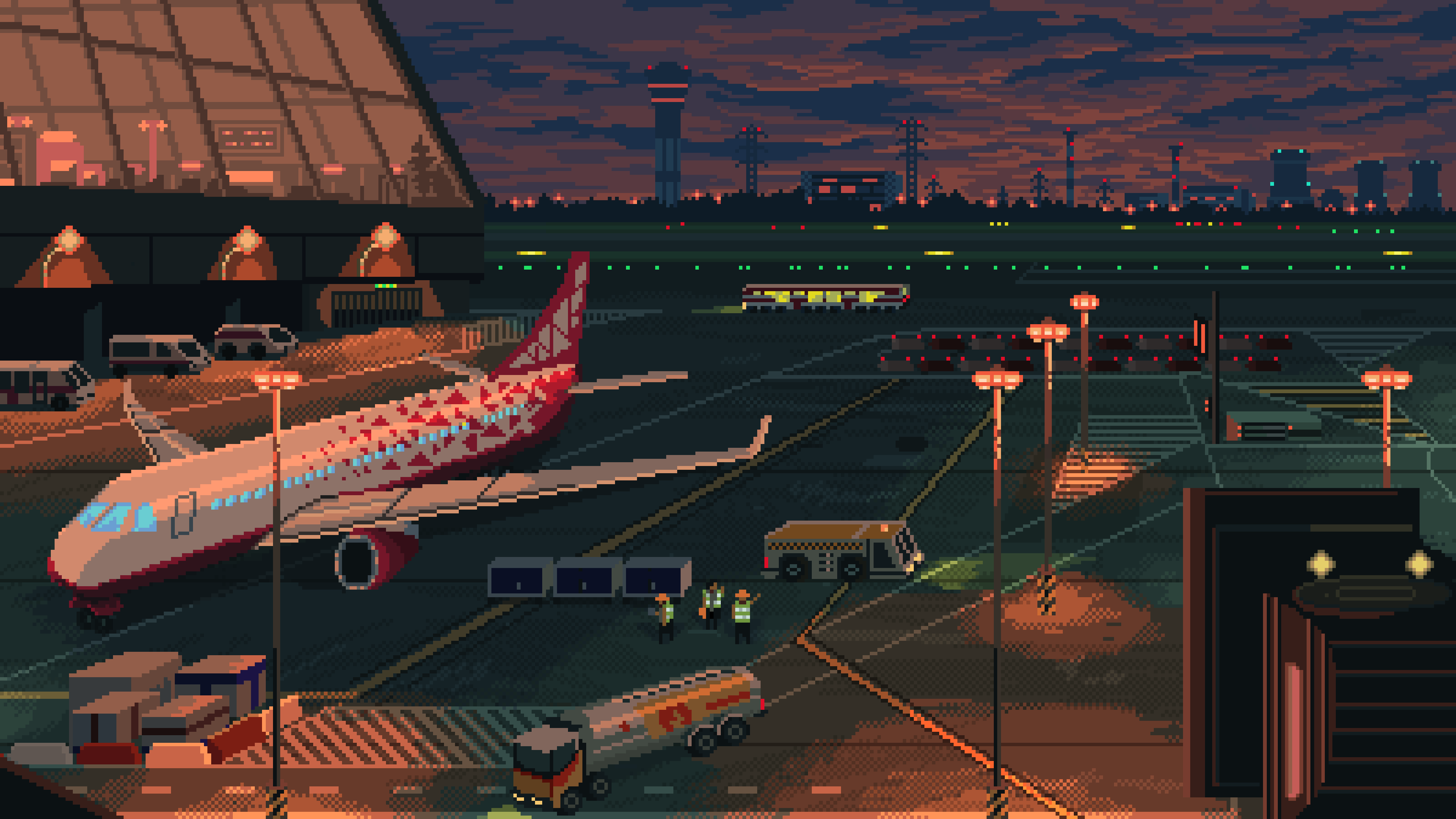 Flughafen, Pixel-Art, Vorfeld, Abenddämmerung, Illustration, 3840x2160, PC-Hintergrundbild