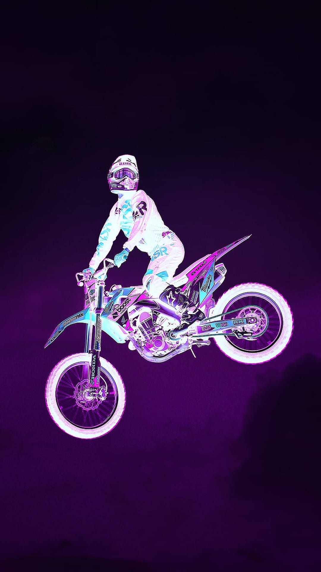 Motocross, Neon-Silhouette, Lila, Schwarzer Hintergrund, Minimalistisch, Sperrbildschirm fürs iPhone