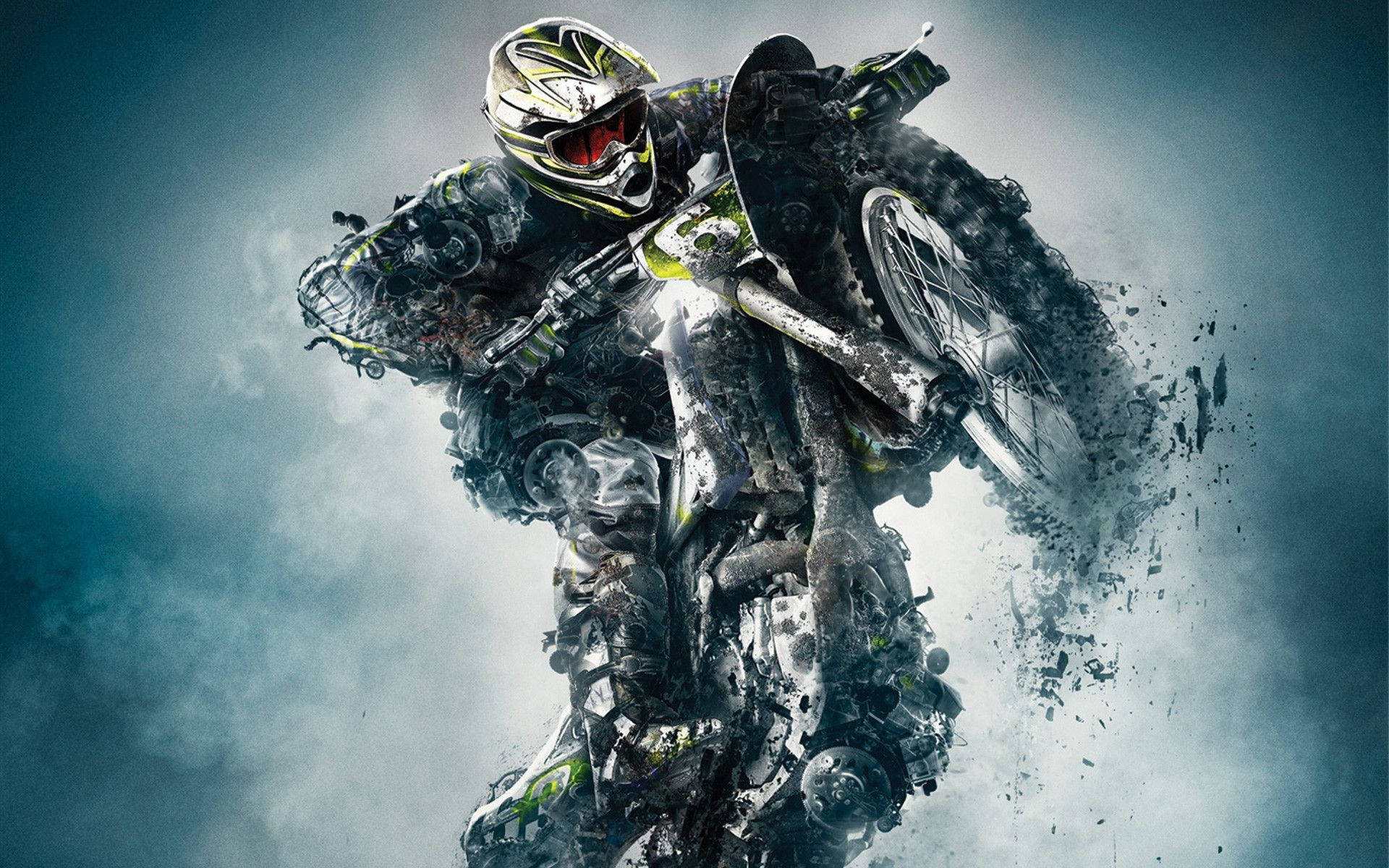 Motocross, Fotomanipulation, Zerfallseffekt, Rauch, Petrol, Full HD, Laptop-Hintergrundbild