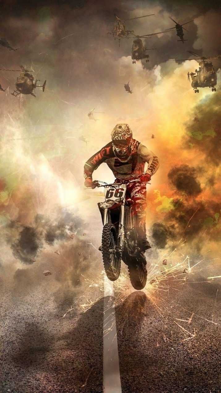 Motocross, Explosionen, Feuer, Rauch, Fotomanipulation, Hochformat, Hintergrundbild fürs Smartphone