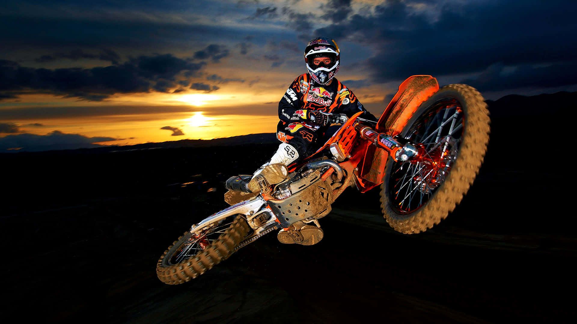 KTM, Motocross, Sonnenuntergang, Whip, Blitzlicht, 16:9, Full-HD-Hintergrundbild für den Desktop
