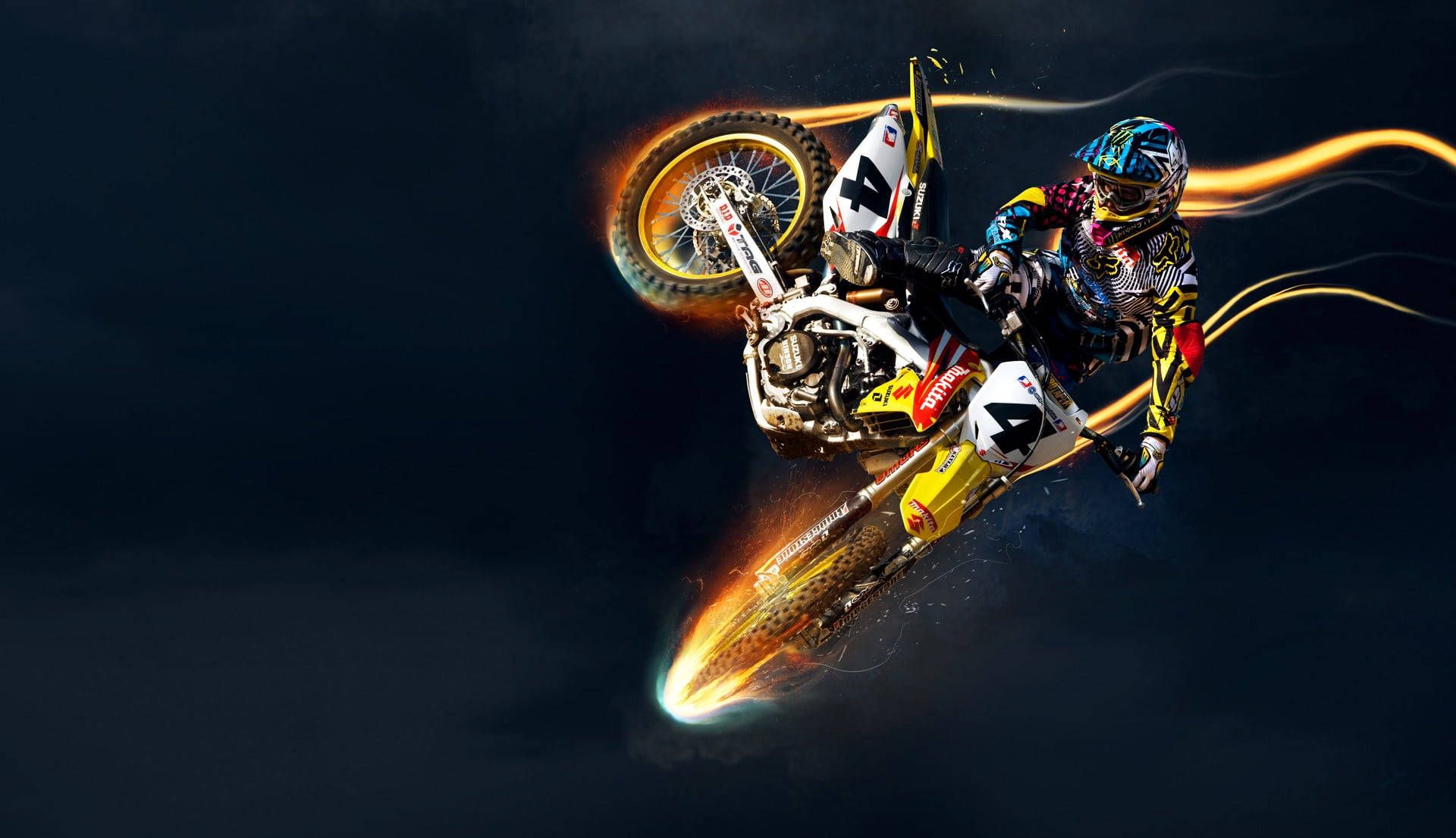 Suzuki, Motocross, Lichteffekte, Feuerschweif, Dunkler Hintergrund, Full HD Wallpaper