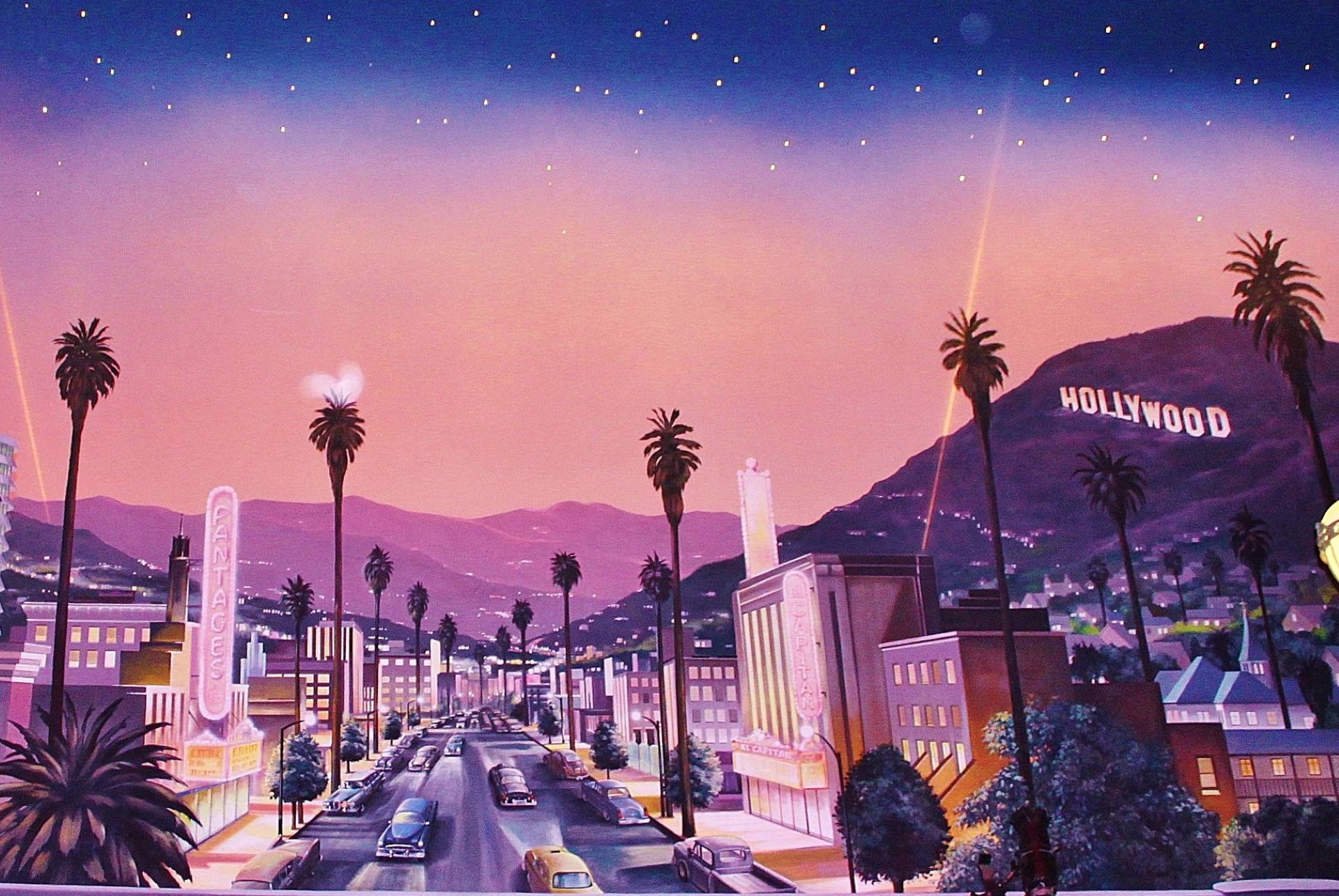 Hollywood Sign, Los Angeles, Illustration, Palmen, Sternenhimmel, Full-HD-Hintergrundbild für PC