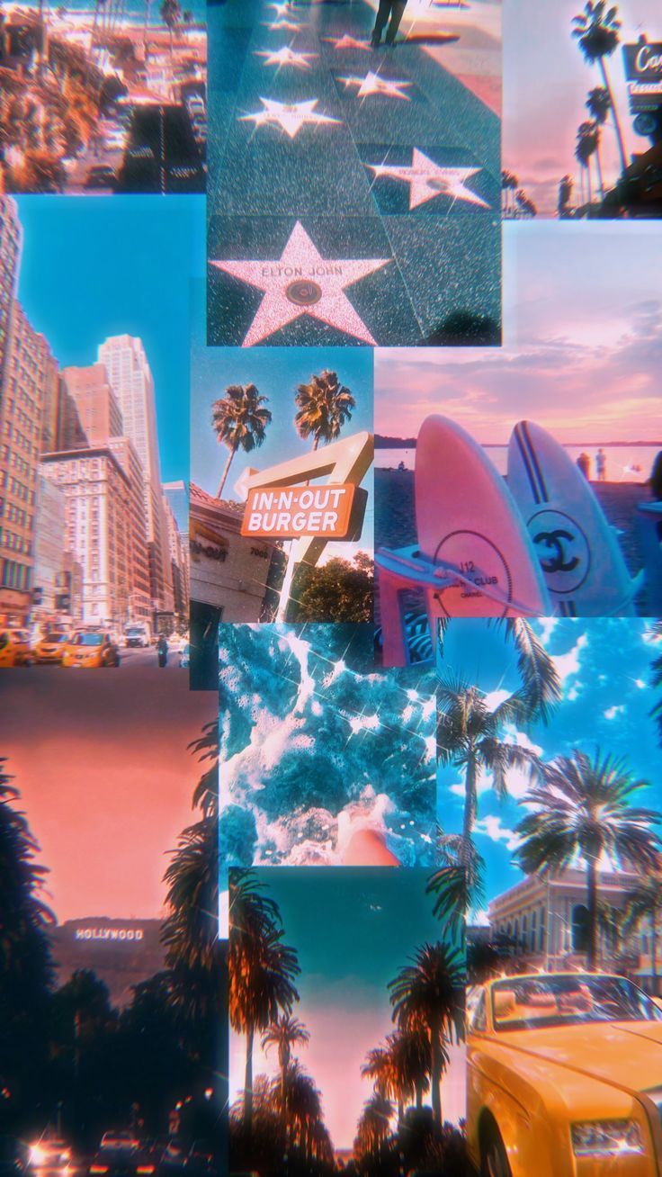 Collage, Walk of Fame, Palmen, Blau und Rosa, Hintergrundbild für iPhone und Android