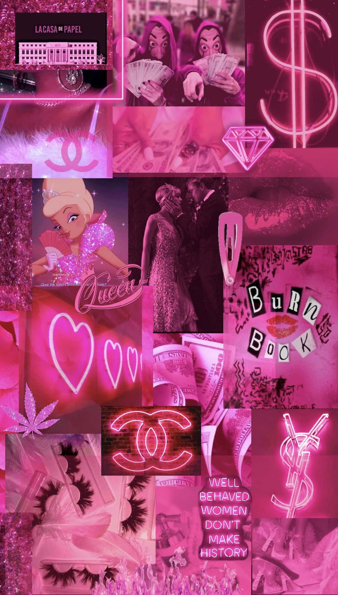 Chanel, Collage, Pink, Neonlicht, Baddie-Ästhetik, Full HD, Hintergrundbild fürs Handy