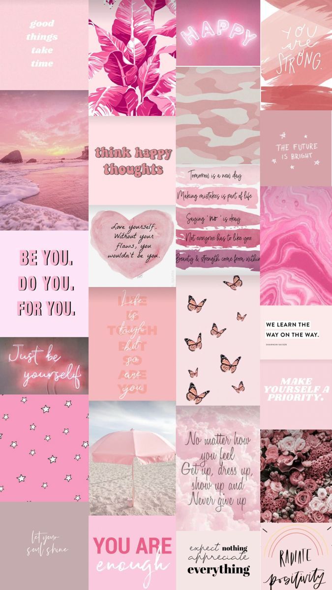 Collage, Think happy thoughts, Zitate, Schmetterlinge, Rosa, Hintergrundbild fürs Handy