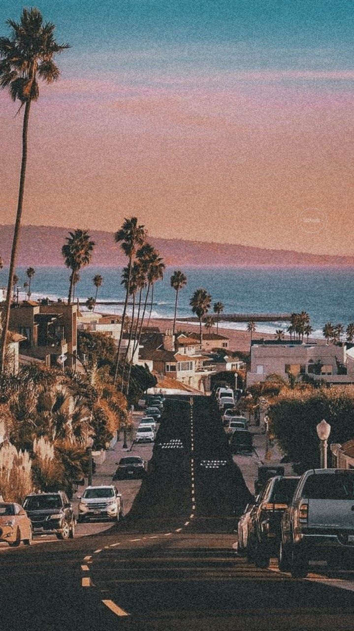 Straße zum Meer, Palmen, Los Angeles, Sonnenuntergang, Hochformat, Hintergrundbild fürs Smartphone